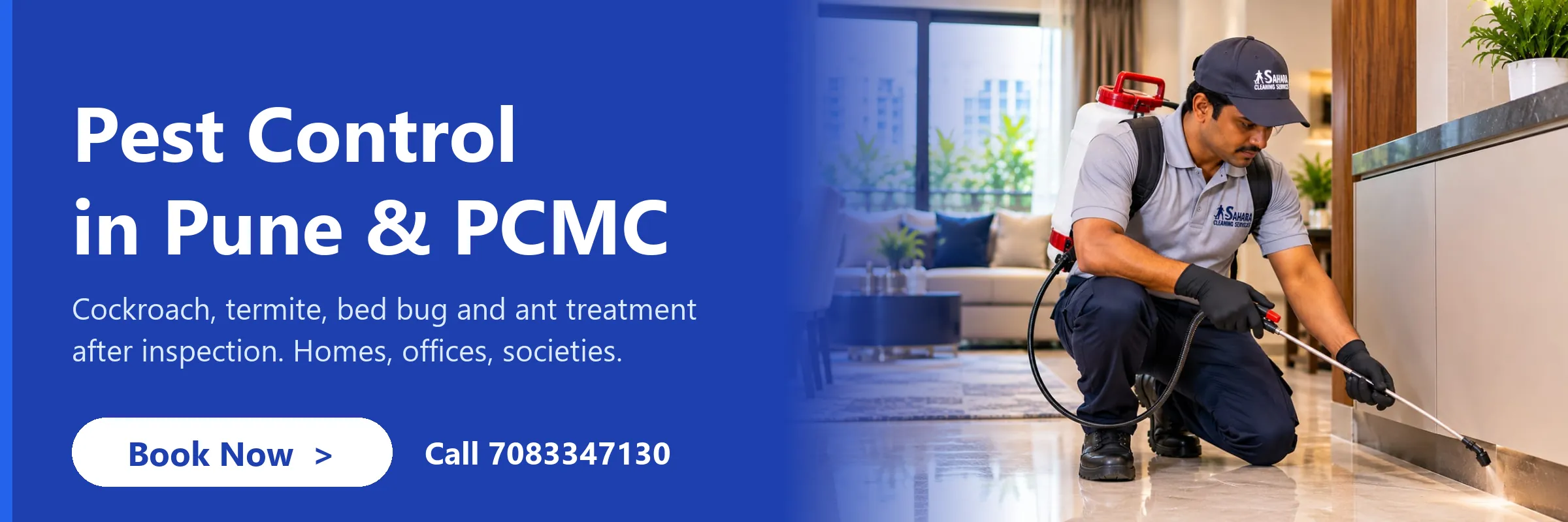Pest control services in Pune and PCMC - Sahara Cleaning Services technician spraying for cockroaches and termites